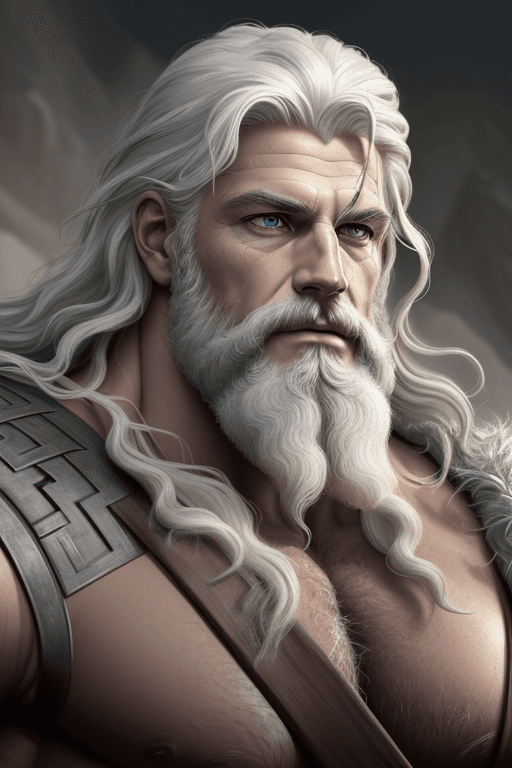 AI generated: portrait of rugged zeus, god of thunder, greek god, white hair, masculine, mature, handsome, upper b...