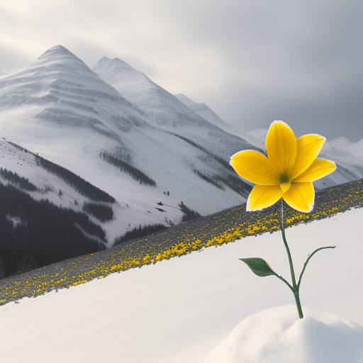 AI generated: Yellow flower on  a snowy hill