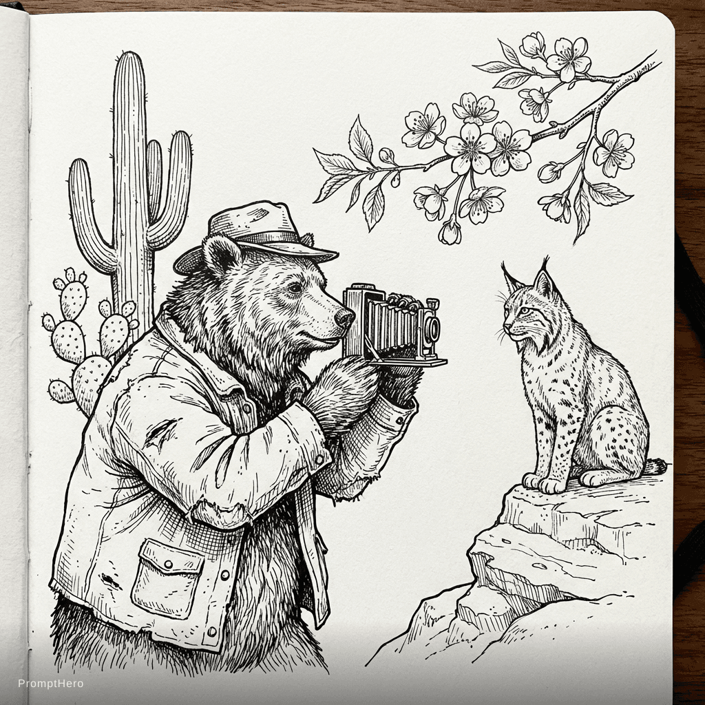 AI generated: Black and white Line drawing of rugged bear taking picture with camera, cactus, cherry blossoms and ...
