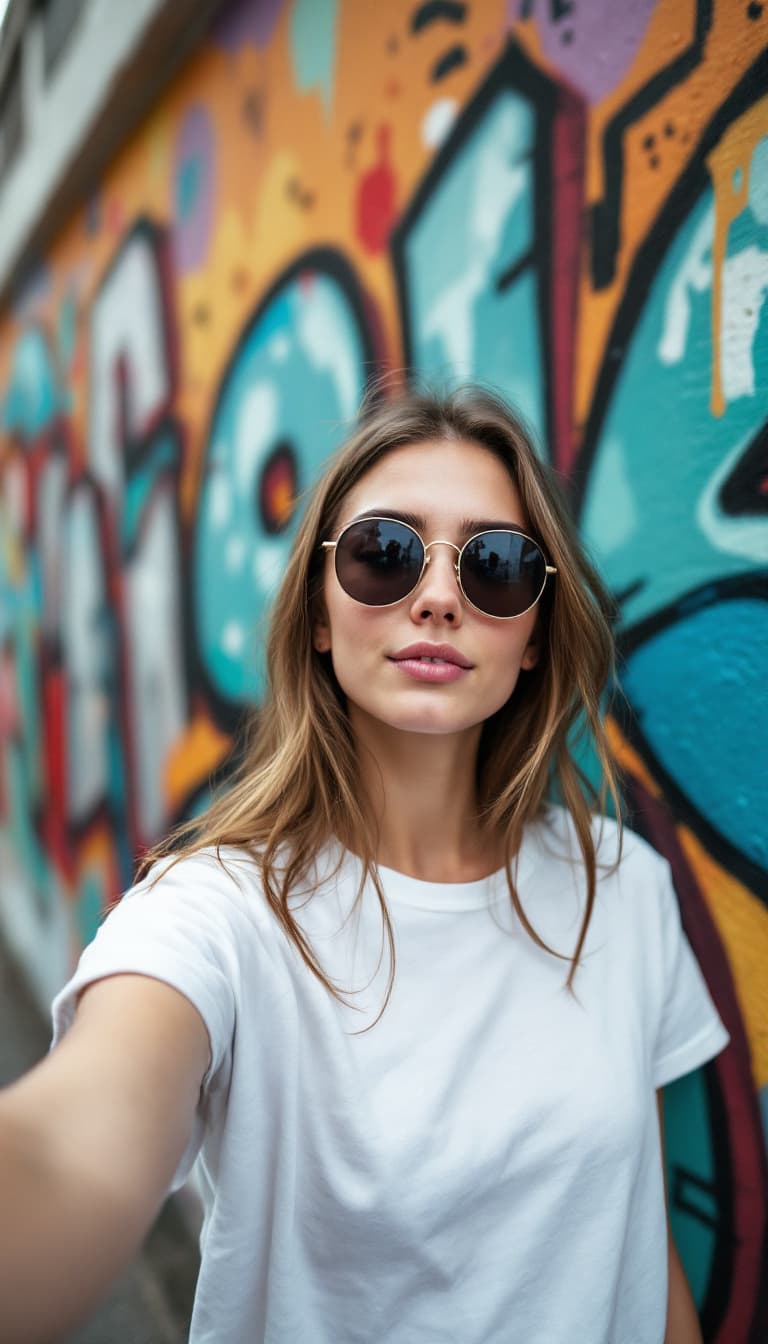 AI generated: A young Caucasian woman with brown hair wearing sunglasses and a white t-shirt, standing in front of...