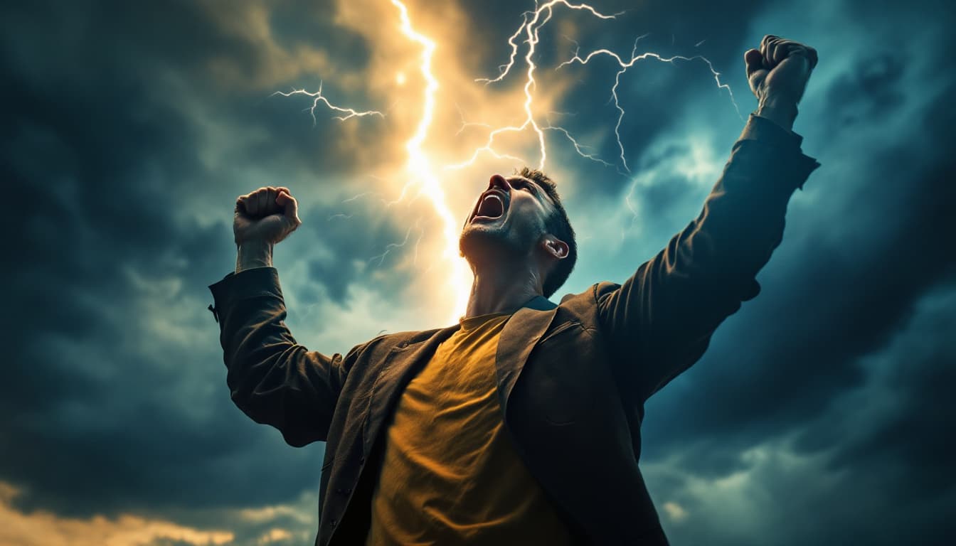 AI generated: An aggressive man at full height, shouting at the sky with his hands raised, while the stormy sky st...