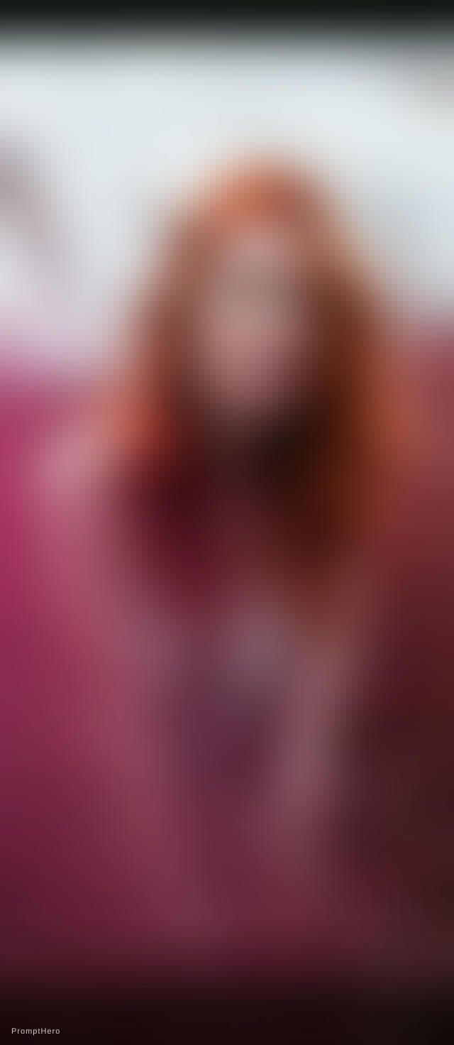 AI generated: A photorealistic portrait of a woman with vibrant, fiery red, wavy hair, seated in a field of tall g...