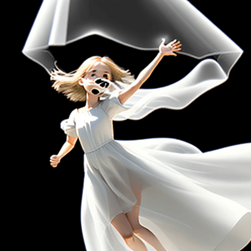 AI generated: A photo realistic girl in a white dress, touching a translucent friendly cartoon ghost hovering in t...