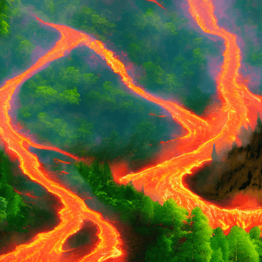 AI generated: a flow of lava pouring downhill through a forest burning everything in its path water pouring down a...