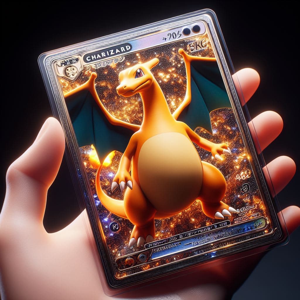 AI generated: A SHINY RARE CHARIZARD Japanese Pokémon CARD with elegant features in the style of a Japanese Pokémo...