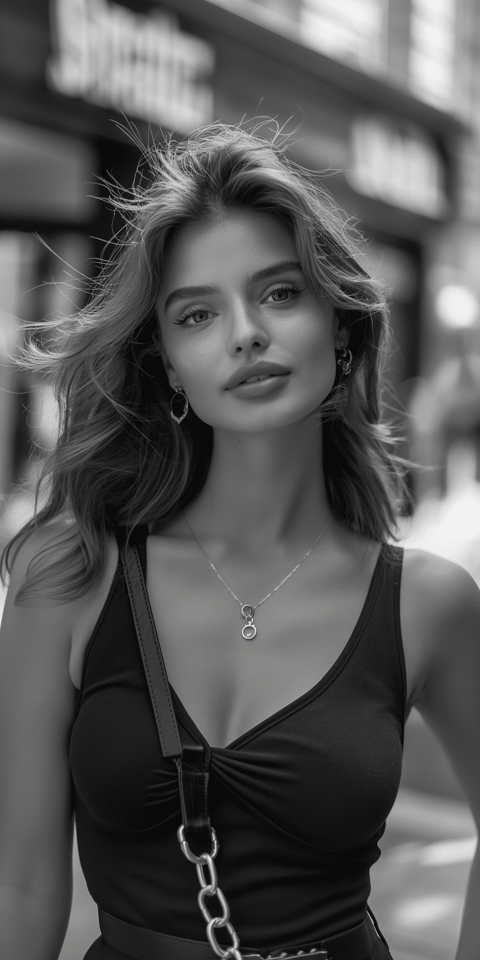 AI generated: a high-resolution portrait photo of a supermodel, photorealistic, black and white, street scene, sho...