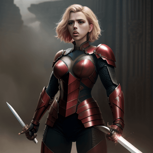 AI generated: scarlett johansson, amazon, armor, standing fighting with sword