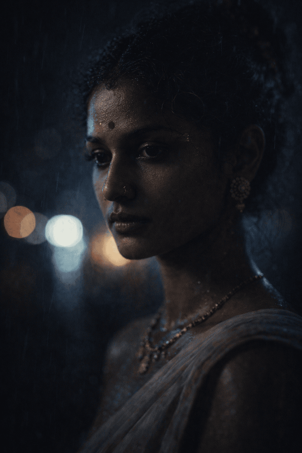 AI generated: cinematic portrait of an Indian woman at night, subtle rain-soaked atmosphere, soft reflections on s...