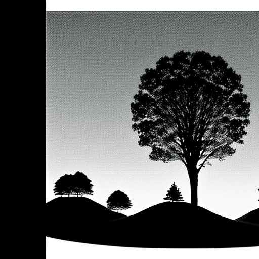 AI generated: Three hills, 2 with trees on top. Silhouette style.
