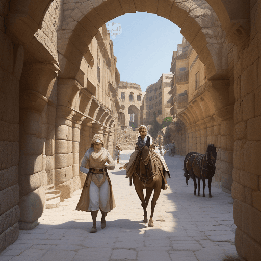 AI generated: In a scene set in ancient times, we find ourselves in a city with stone architecture, enclosed by hi...