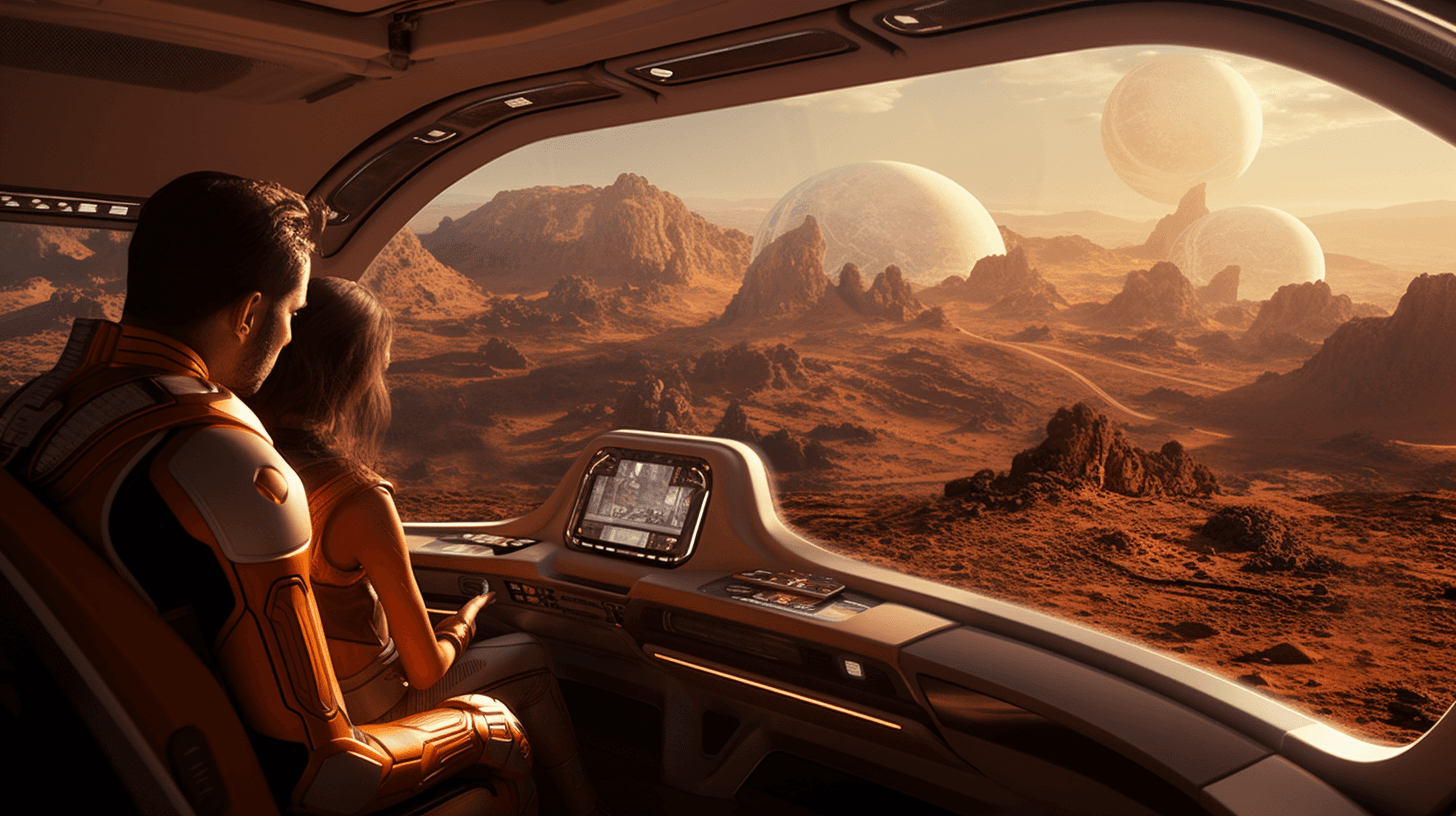 AI generated: general view of the interior of a spaceship with some windows to observe, planet mars outside, insid...