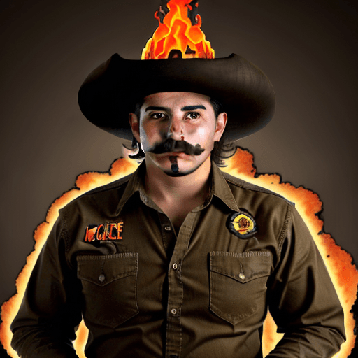 AI generated: hombre vaquero co arma de fuego colgando y con un mcchete en la mano con cara de enojado sombrero y ...