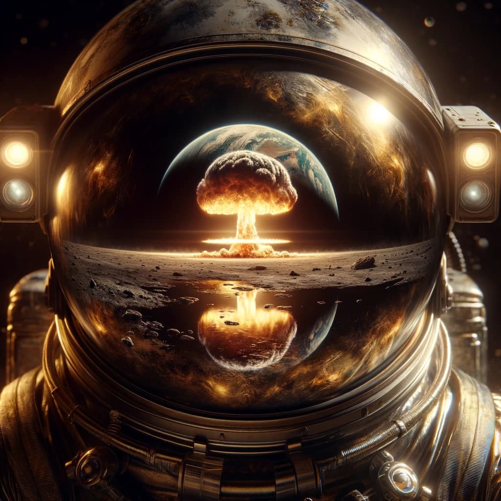 AI generated: Astronaut's helmet visor reflects a nuclear explosion, amidst an abstract alien backdrop on a moon-l...