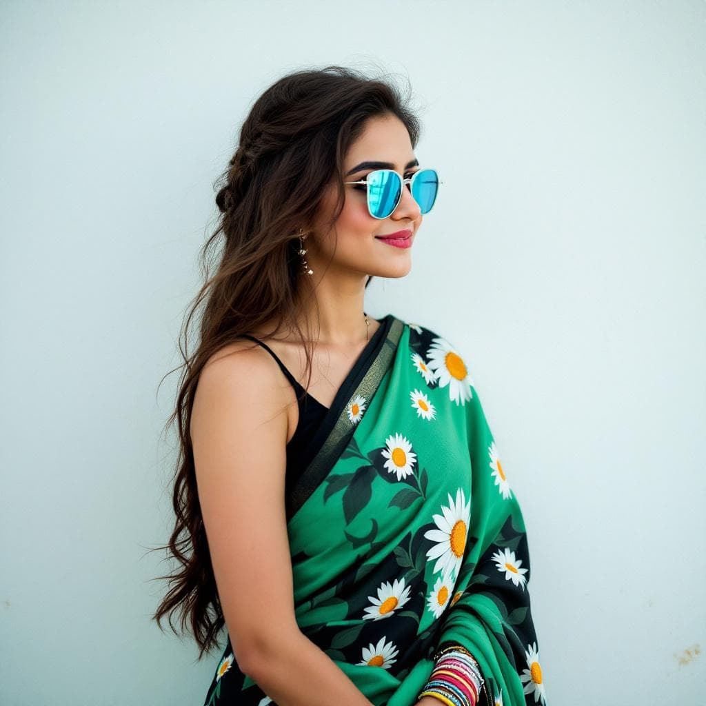 AI generated: Use 100% face of uploaded image  A stylish woman age 25-30 with long, dark brown hair is captured in...