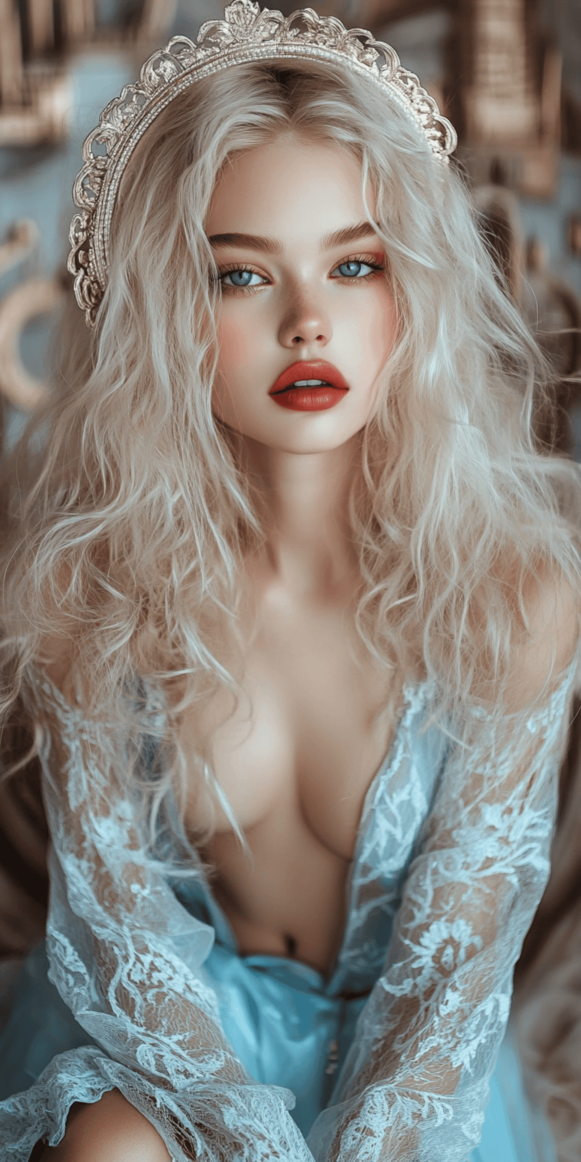 AI generated: A beautiful, doll-like blonde girl with long, curly hair, wearing an elegant halo and a blue top and...