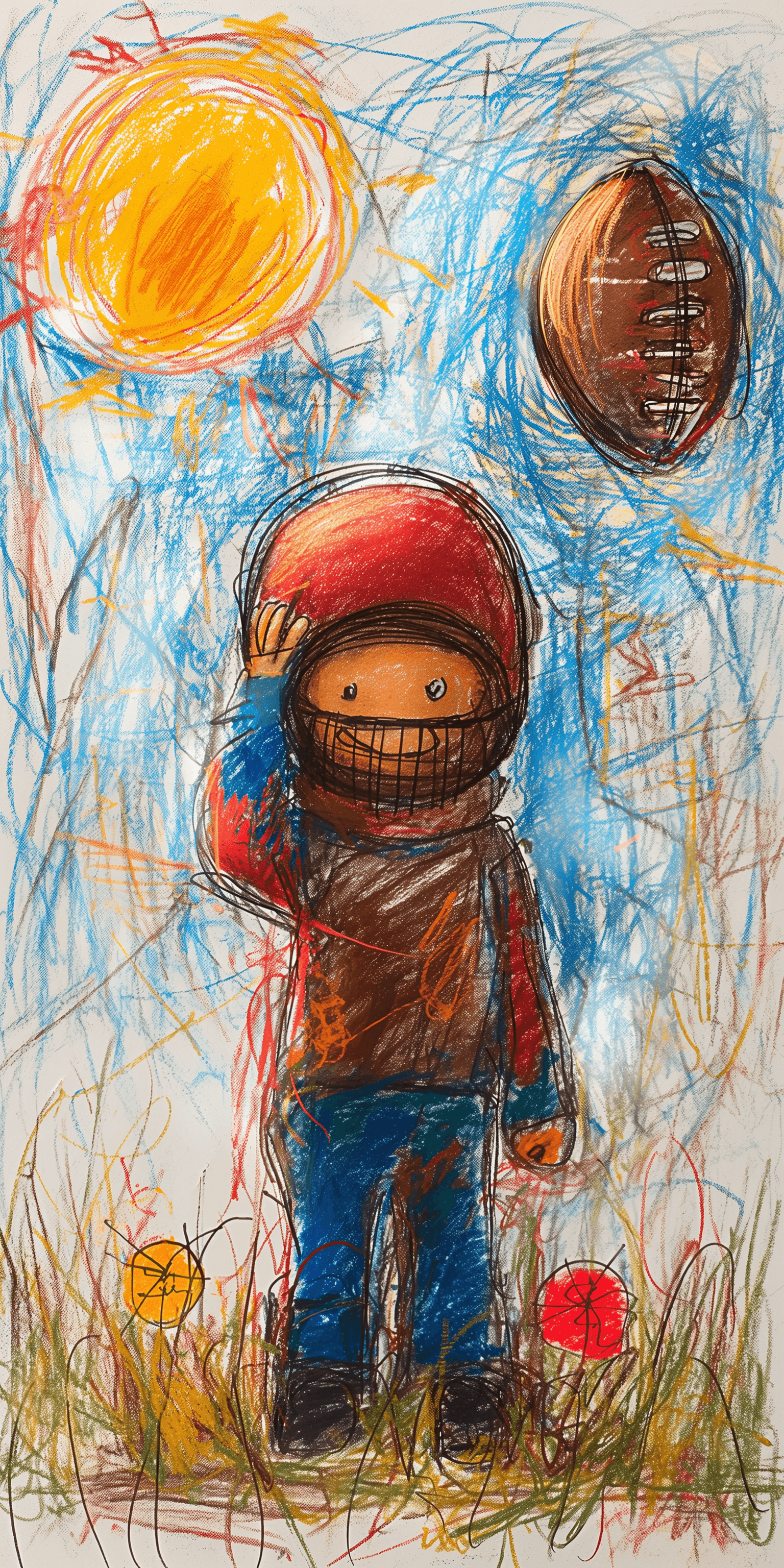 AI generated: Child's drawing in crayon, football player, in the style of children's artwork, fun use of color and...