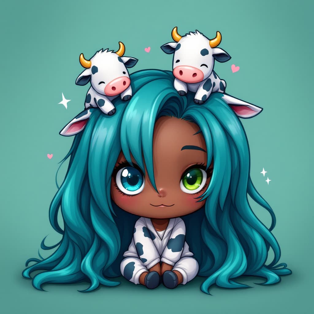 AI generated: best quality,Teal theme,outline,
(chibi:1.2),(absurdly long hair,gradient hair:1.2), mini blue cows ...