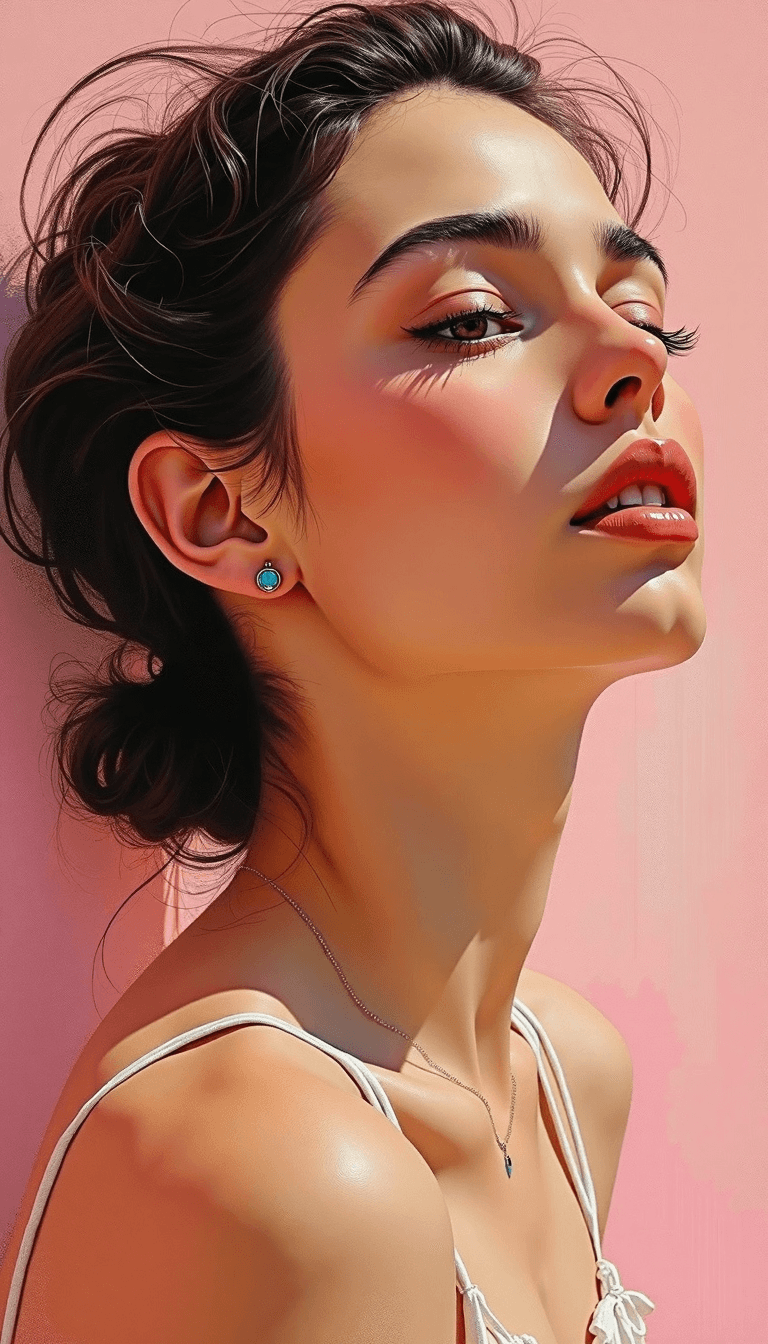 AI generated: A close-up portrait of a young woman with dark, loosely tied back hair, tilting her head upwards. Sh...