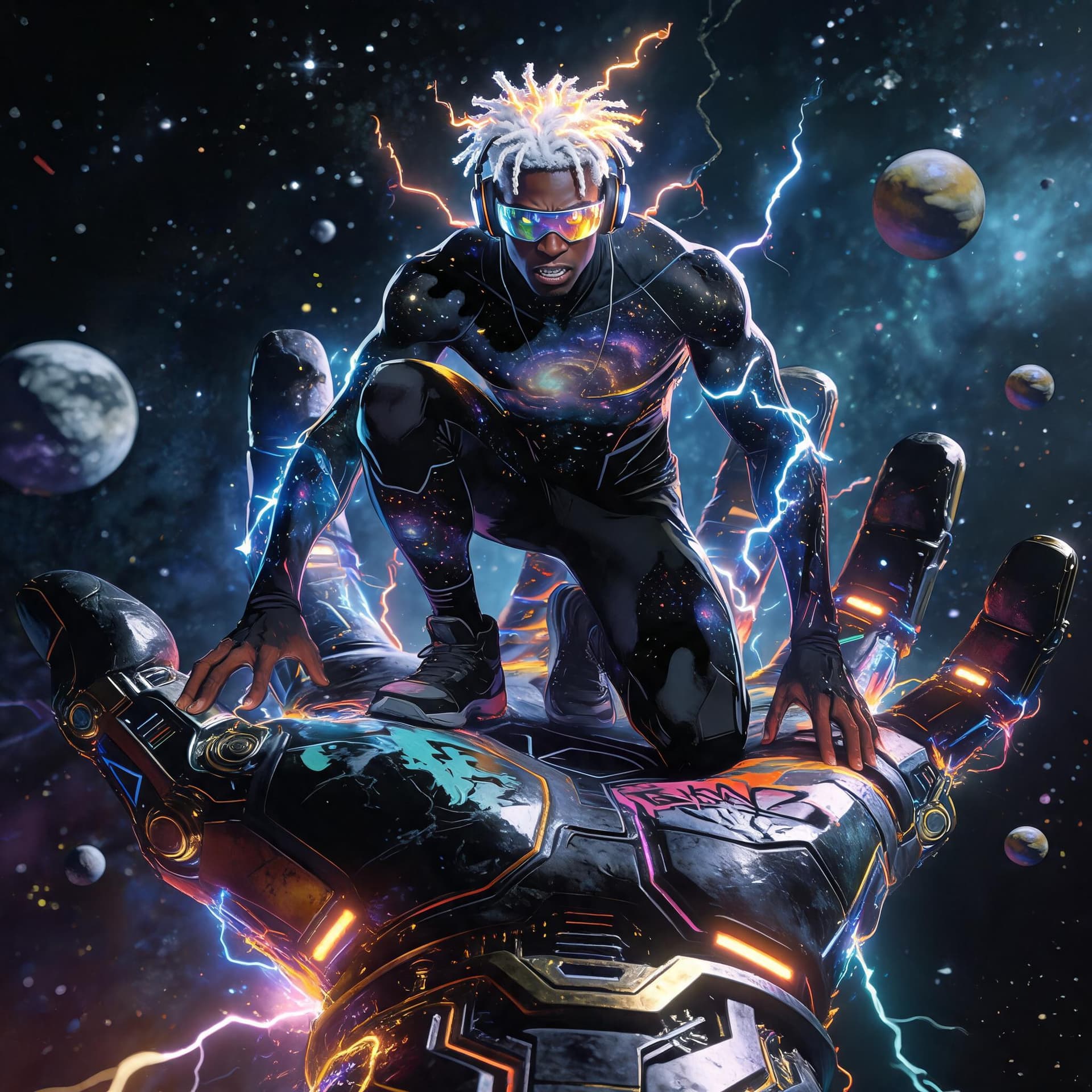 AI generated: full body front view of a 3d illustrated african american superHERO with white glowing short dreadlo...
