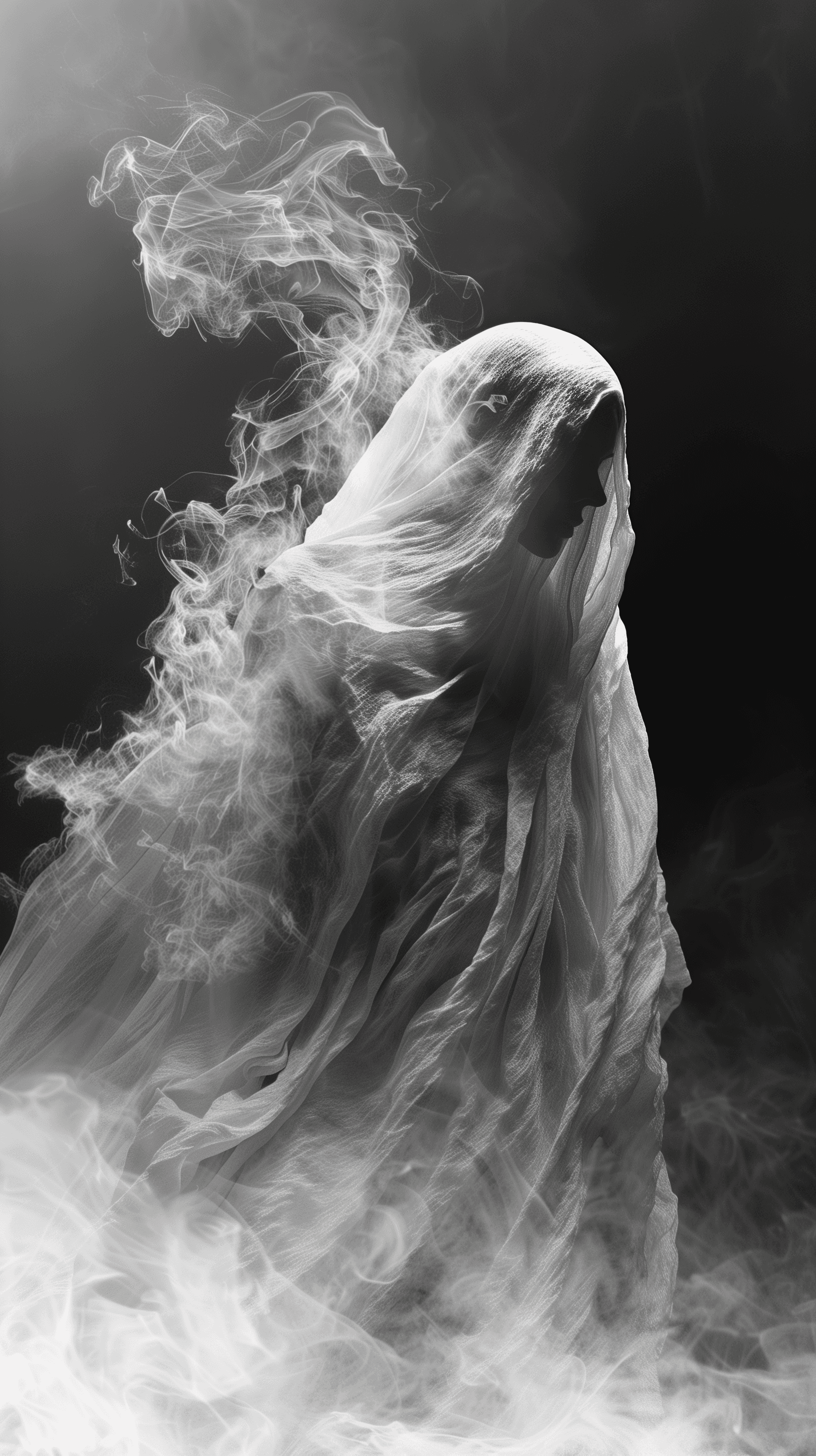 AI generated: image of a person enveloped in a shroud-like material, appears to be merging with the air around the...