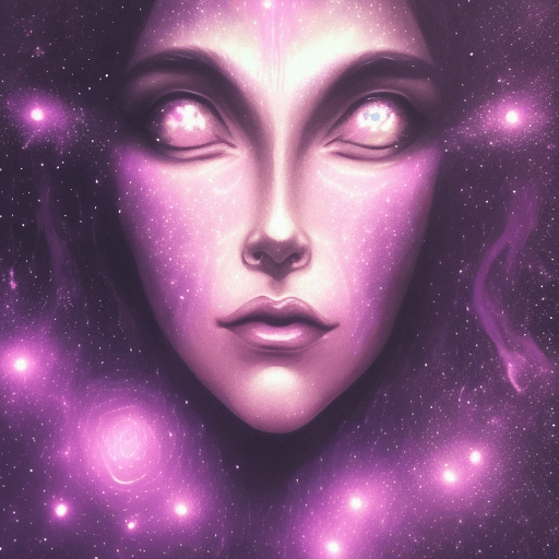 AI generated: dark illustration, faerie glittering face, celestial environment, mystical and ambient pink lights