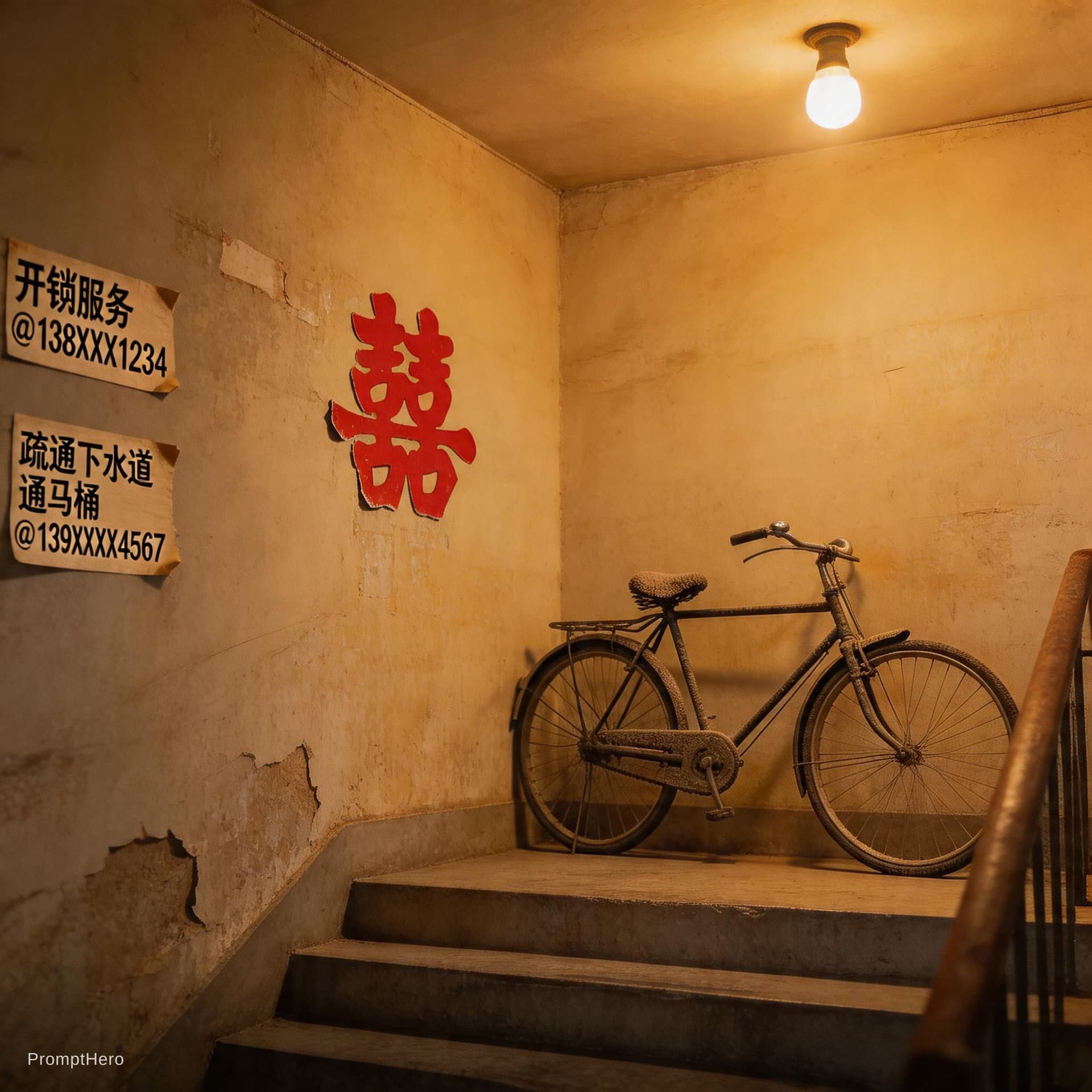 AI generated: 傍晚，老旧居民楼的楼道，昏黄的声控灯亮着，墙壁上贴着开锁和疏通下水道的小广告，墙上有一张被撕掉一半的红色喜字贴纸，楼梯拐角处有一辆落灰的旧自行车，画面里没有人，写实摄影风格，生活感强，色调偏暖黄。