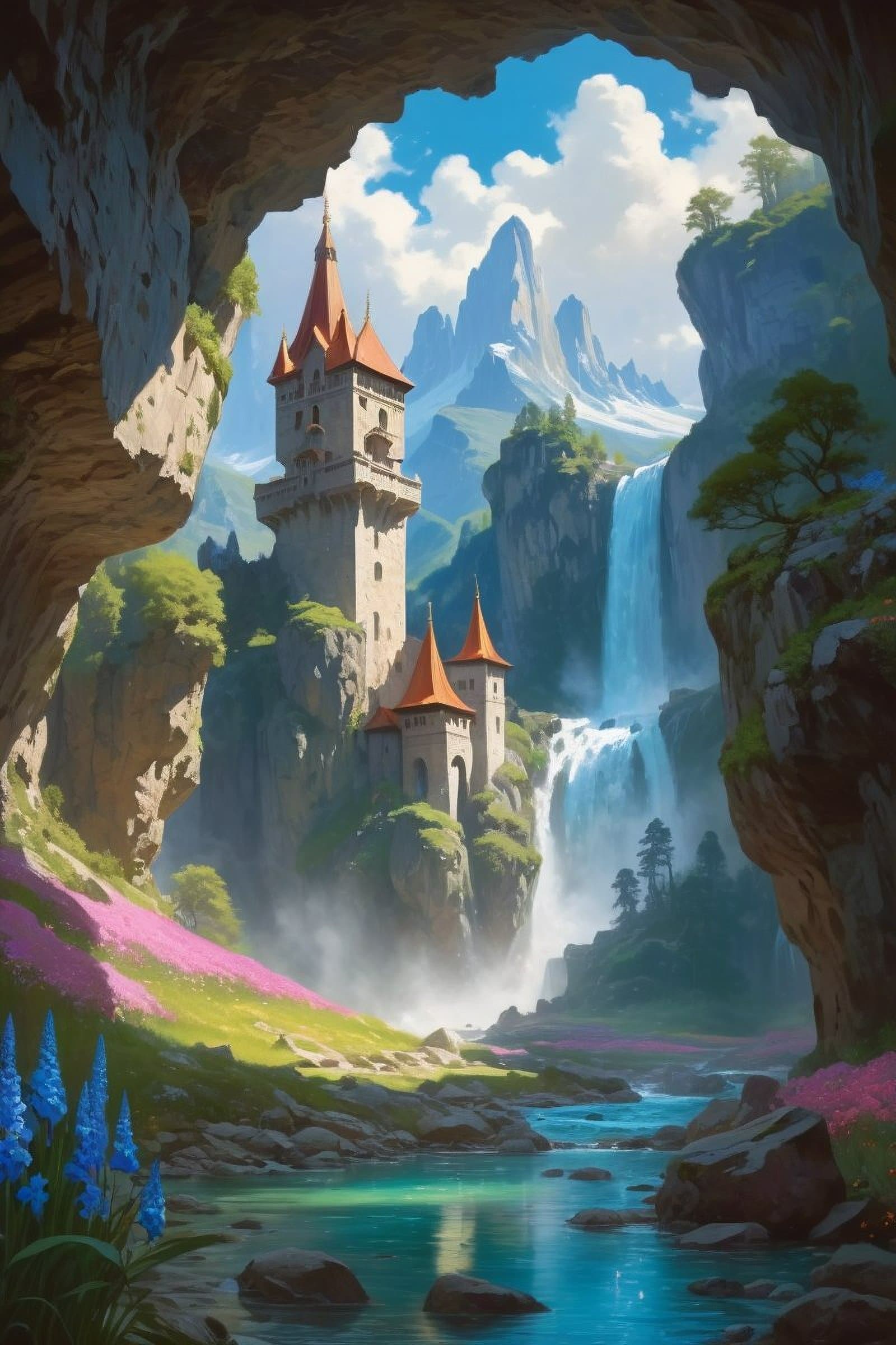AI generated: landscape portrait of a lush magical fantasy valley between mountains, blue river flowing between fo...
