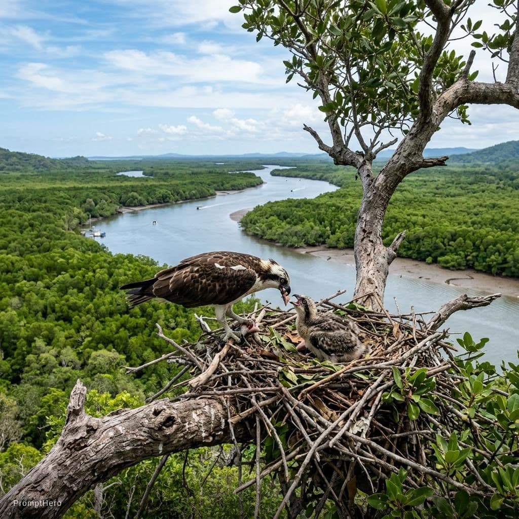 AI generated: A sea bird feeding its chick's on a tree over looking mangrove forest on the shore of a river