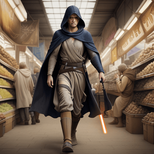 AI generated: A serious and brave male jedi walking through a market in Tatooine, wearing a hooded robe, --ar 4:6 ...