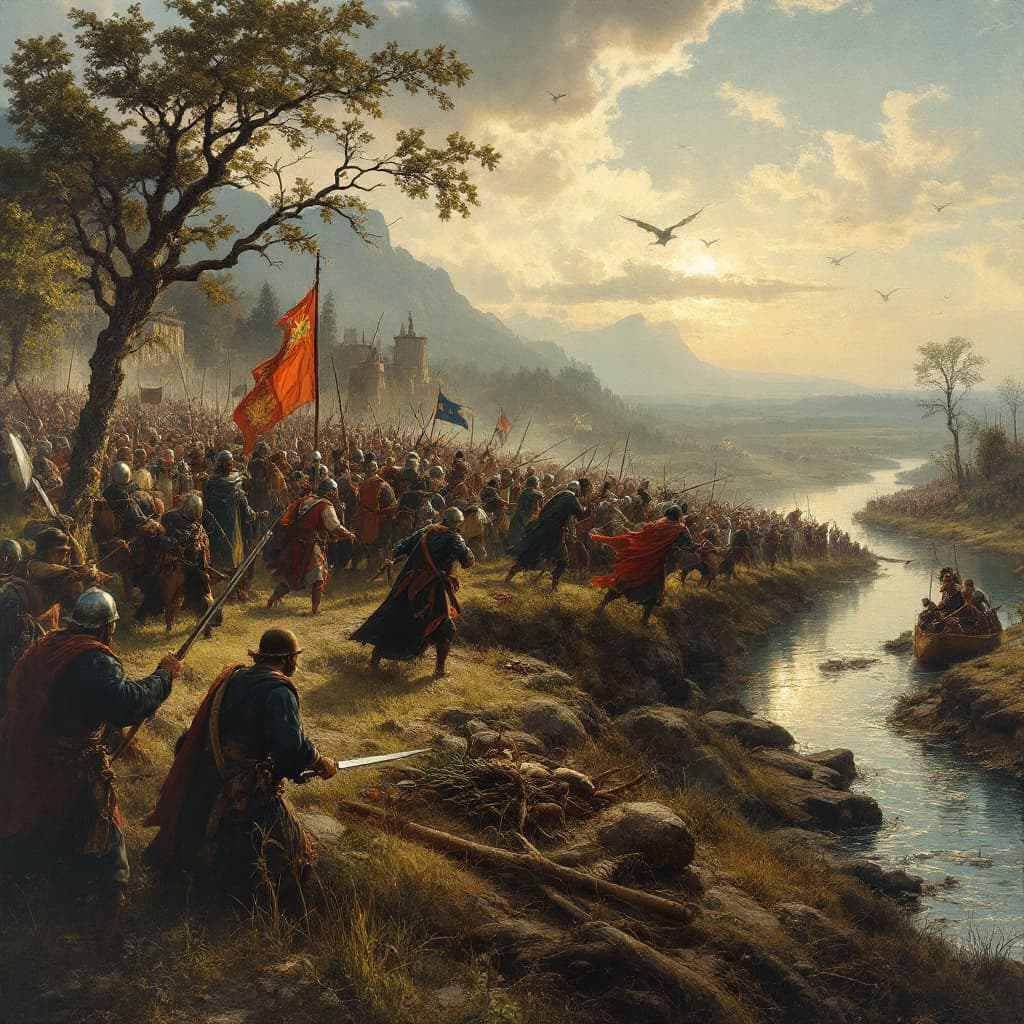 AI generated: 14th-century battle scene near river with mystics and soldiers