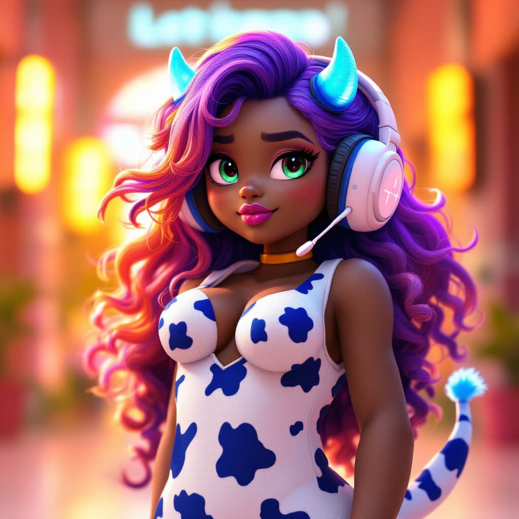AI generated: curvy, Dark skin, dark skin anime girl, blue cow print, blue thick cow tail,  blue cow ears, 30s, CH...