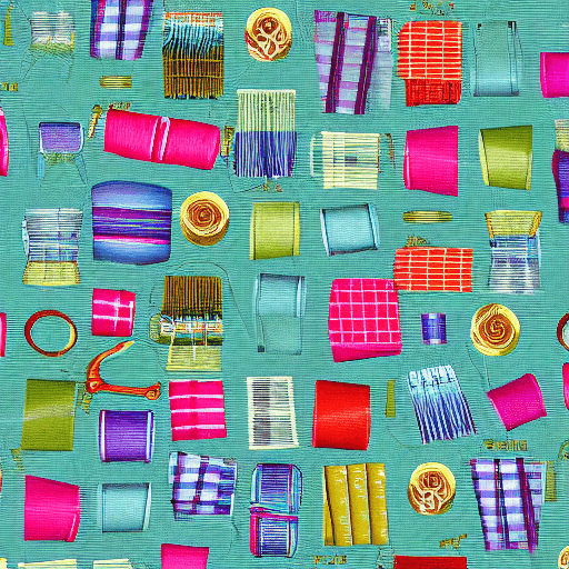 AI generated: photo fabric cutoffs, scissors, sewing threads, background - light gradient