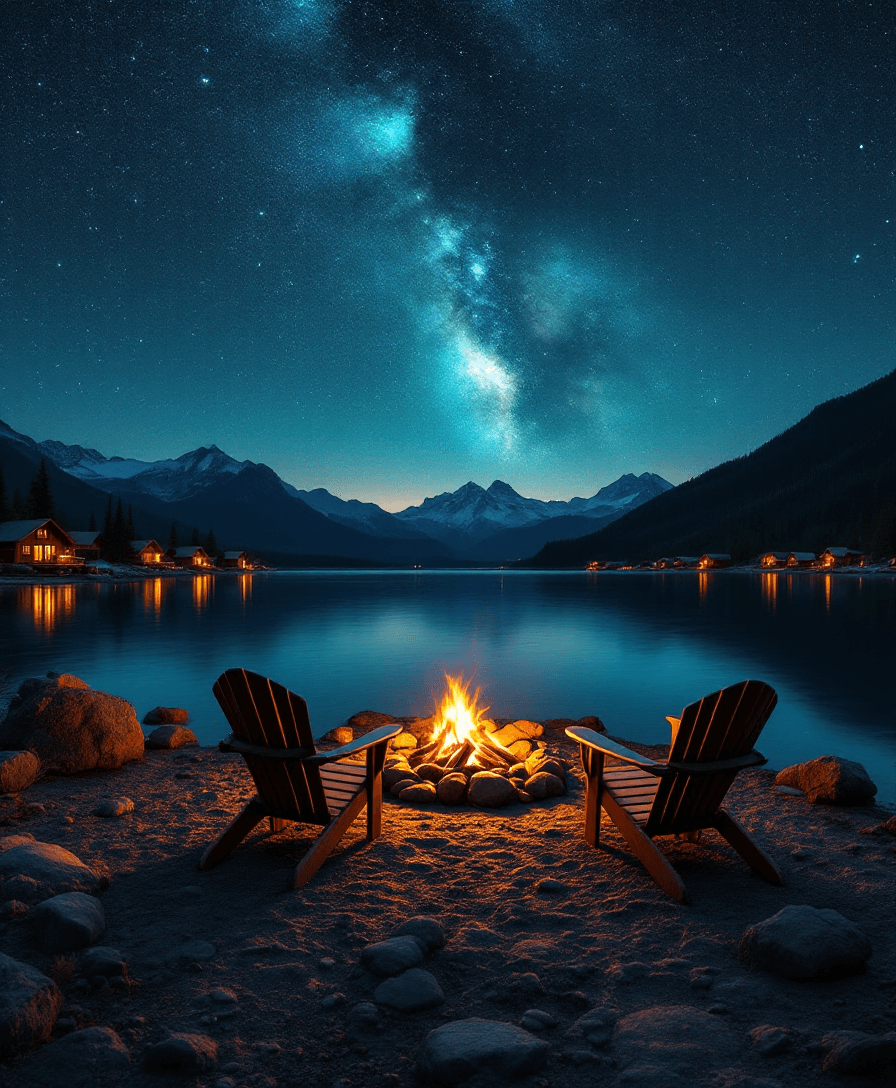 AI generated: Lakefront cabin scene at night, tranquil and serene, tranquil scene, calm atmosphere, majestic milky...