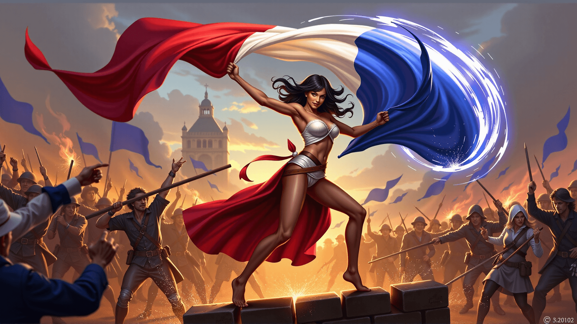 AI generated: A dynamic digital painting with a strong sense of movement. A female figure (Marianne), with a parti...