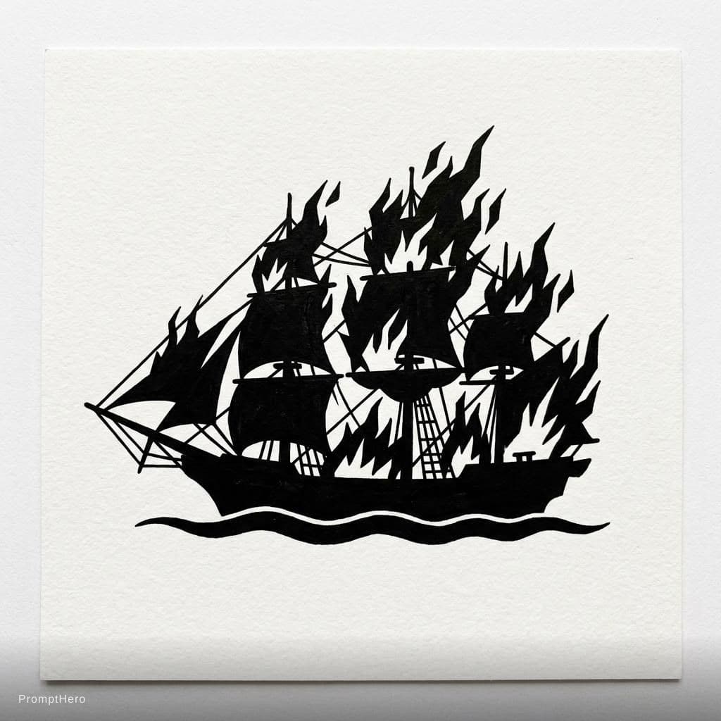 AI generated: A minimalist blackout tattoo design, solid heavy blackwork silhouette of a burning ship in horizonta...