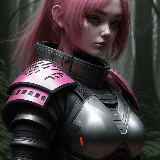 AI generated: a close up of a woman in armor in a forest, cyberpunk clothes, trending on pintrest, pink haori, bla...