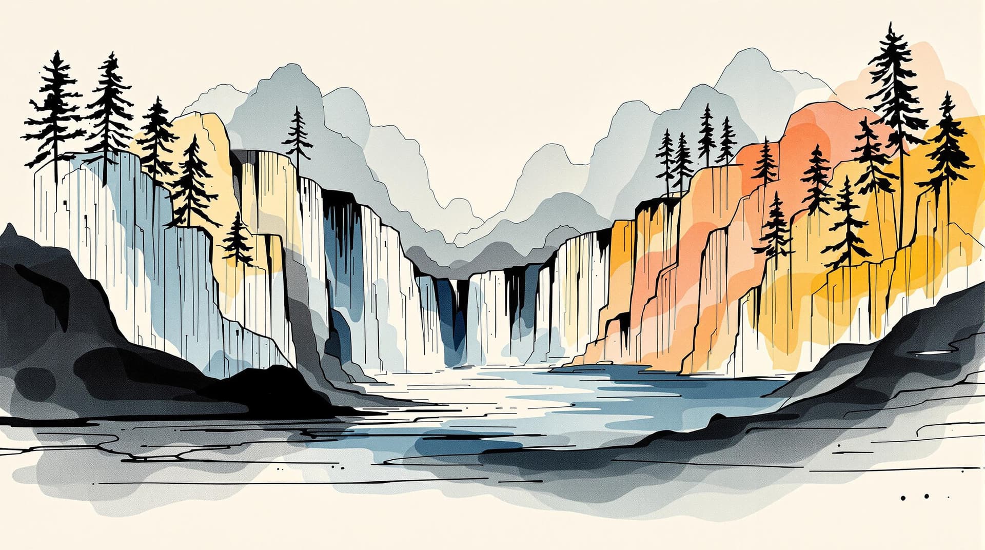 AI generated:  minimalisme line art of  paul klee style waterfall landscape and touches of fictive fantasy cool co...