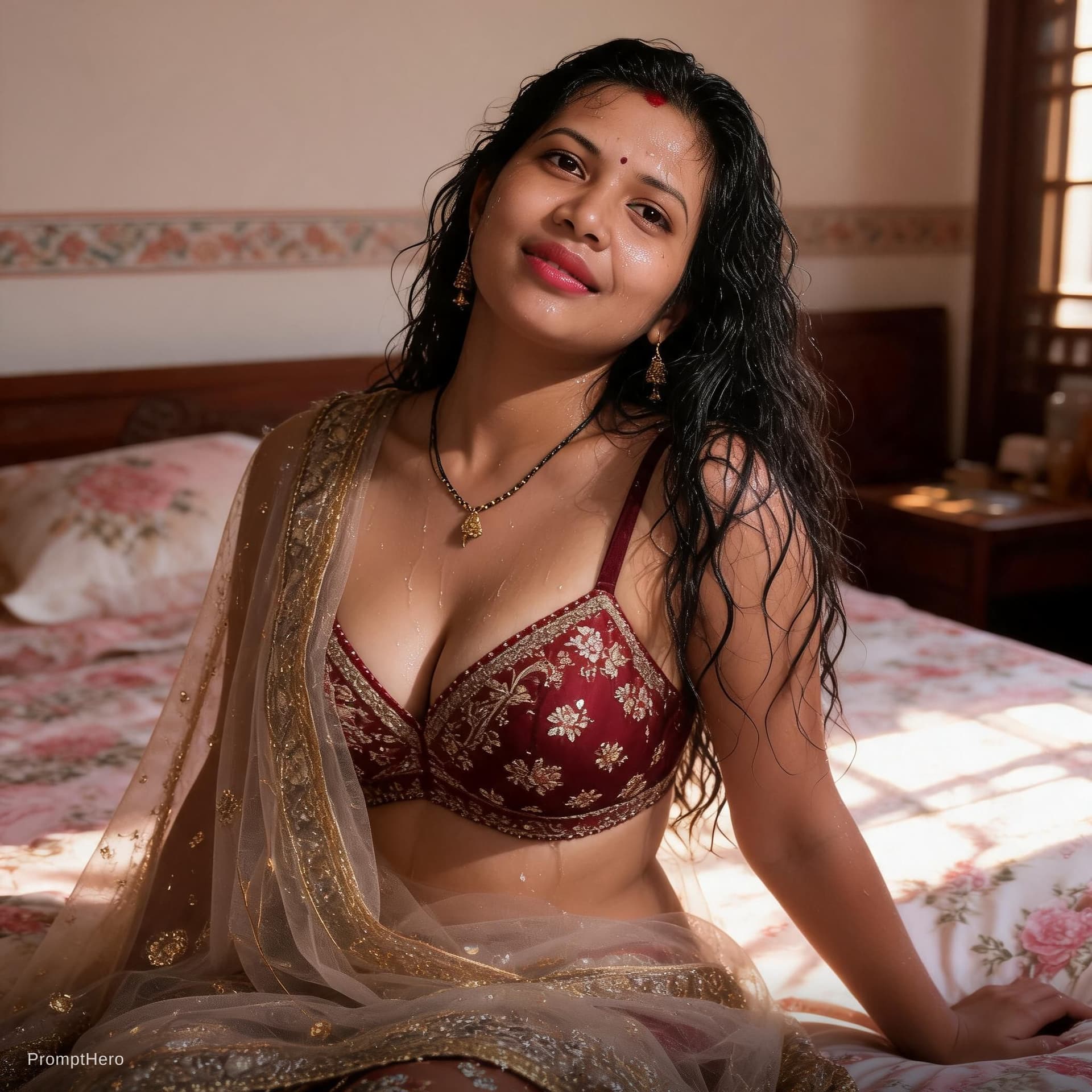 AI generated: convert this image to A Sensual boudoir portrait of a South Asian woman with long, voluminous, sligh...