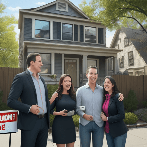 AI generated: real estate agent, female, showing a family a house in New York, and they standing outside, happy an...