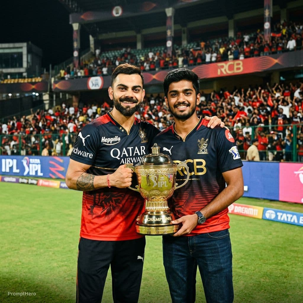 AI generated: Combine these two photos and make me to stand beside virat kohli with the ipl cup. Make virat giving...