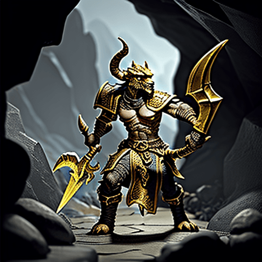 AI generated: A dungeons and dragons gold fire dragonborn holding a glaive outside a cave