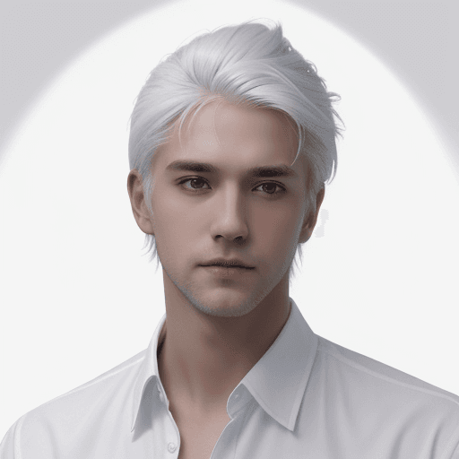 AI generated: A handsome white-haired man wearing a white shirt is looking ahead against a black background