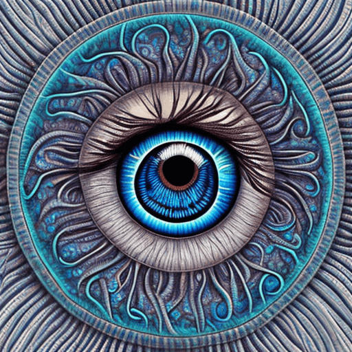 AI generated: 
An eye illustration, tree roots instead of lashes, intricately-detailed iris, shades of blue, swirl...