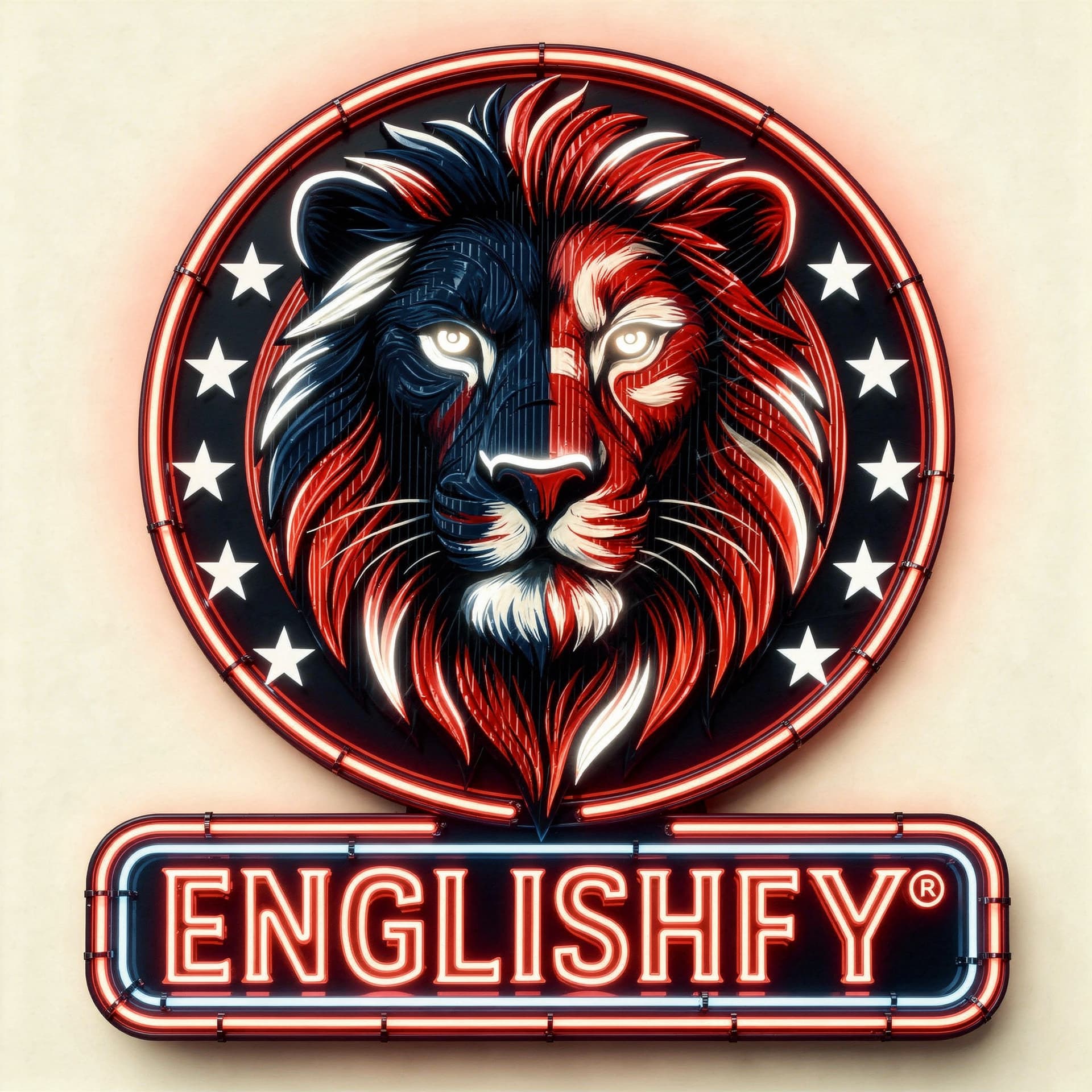AI generated: Design a premium neon patriotic lion head emblem with luxury branding using only USA flag colors: re...
