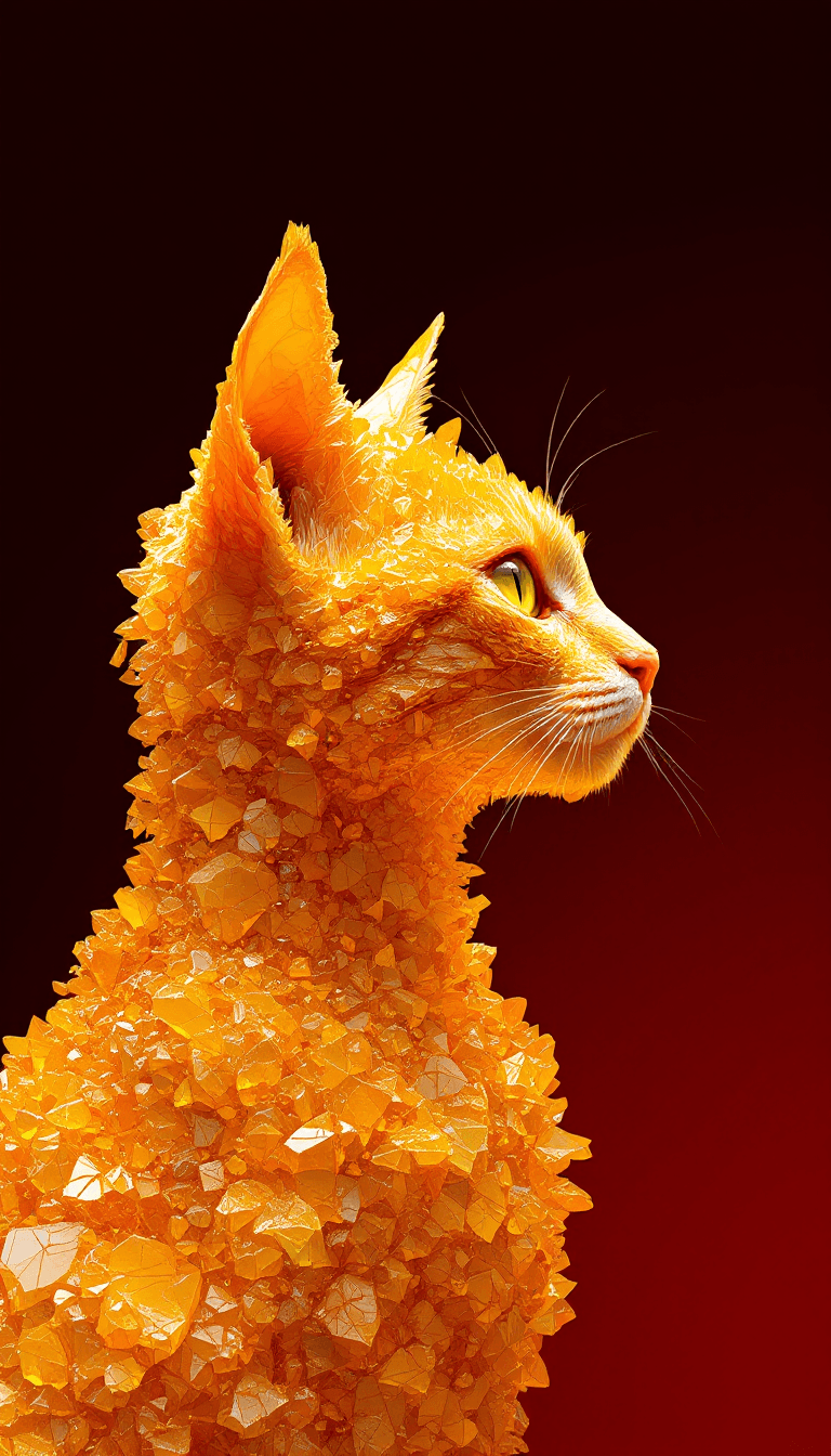 AI generated: A yellow tabby made from rough orange crystals, in profile, side view, surrealism, pencils, fashion ...