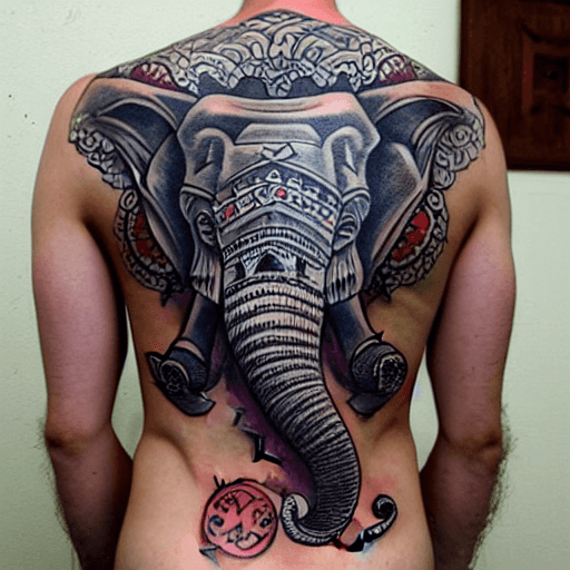 AI generated: TATTOO, ON THE BACK, ELEPHANT, ARMOR, PERSIA, GREECE