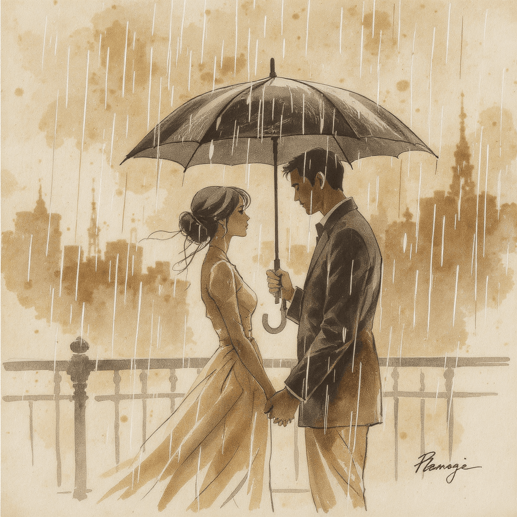 AI generated: Prompt:
An illustration of a couple holding hands under a rain-soaked umbrella, their outlines soft...