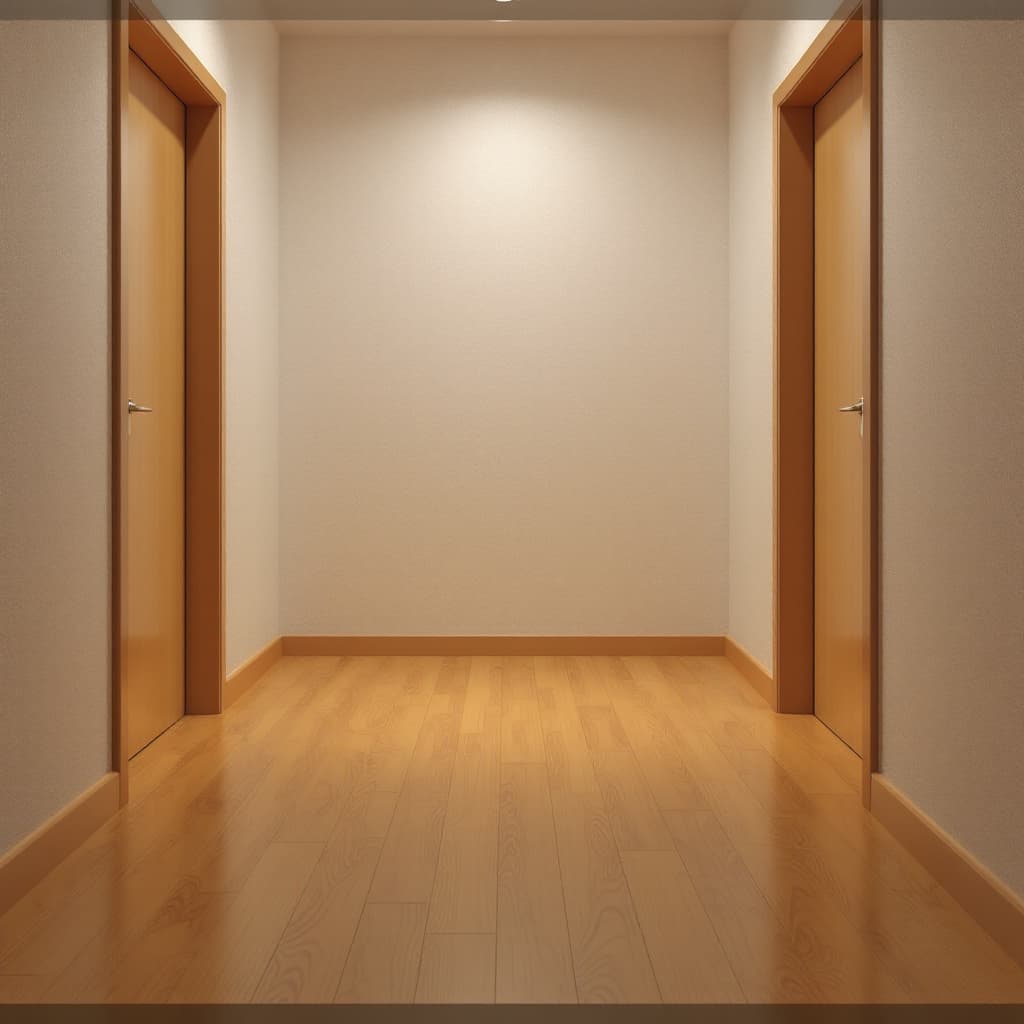 AI generated: The image shows a small interior space with a warm-toned laminate floor and visible grain. On either...