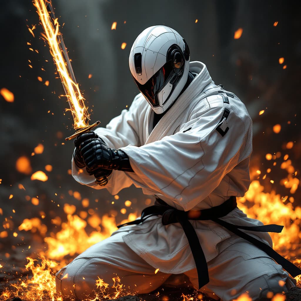 AI generated: Ultra high definition photography, futuristic black belt karate fighter, battle, full body, in the s...