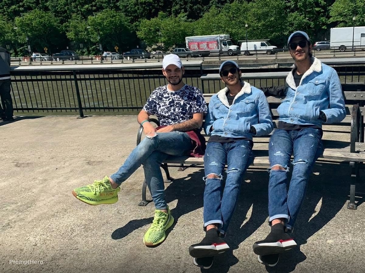 AI generated: Change the shoes of the left side person to be the uploaded the shoes